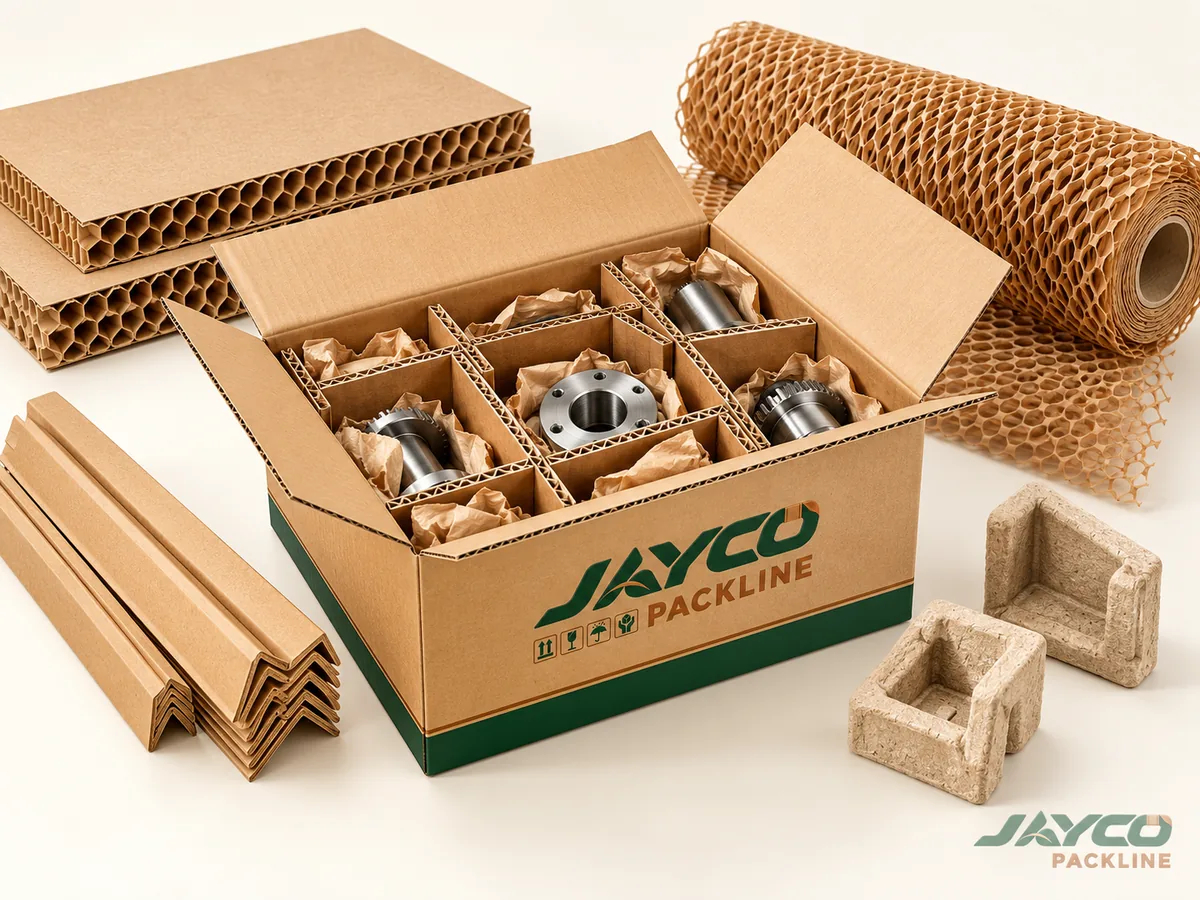 Corrugated export carton with partitions holding machined metal parts, with honeycomb board, edge protectors and paper wrap