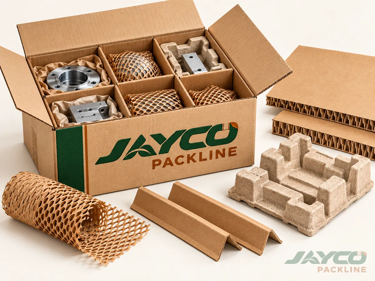 Protective packaging: corrugated carton with partitions, paper honeycomb wrap, moulded pulp trays and edge protectors